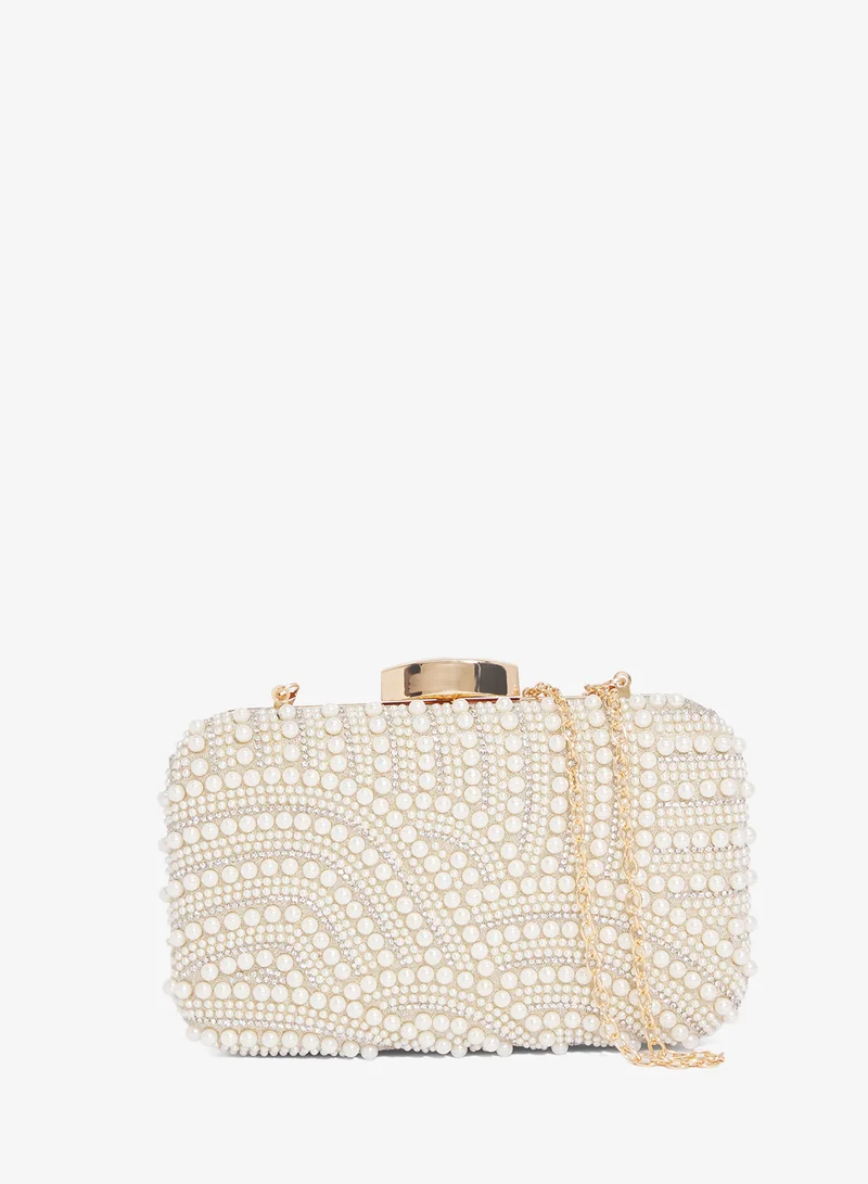 خزانة Pearl Detailed Embellished Gold Accent Clutch